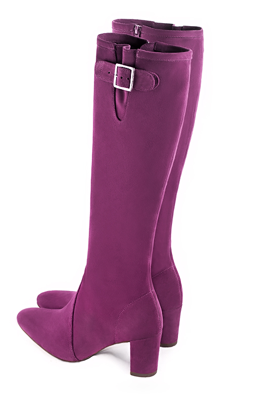 Mulberry purple women's knee-high boots with buckles. Round toe. Medium block heels. Made to measure. Rear view - Florence KOOIJMAN